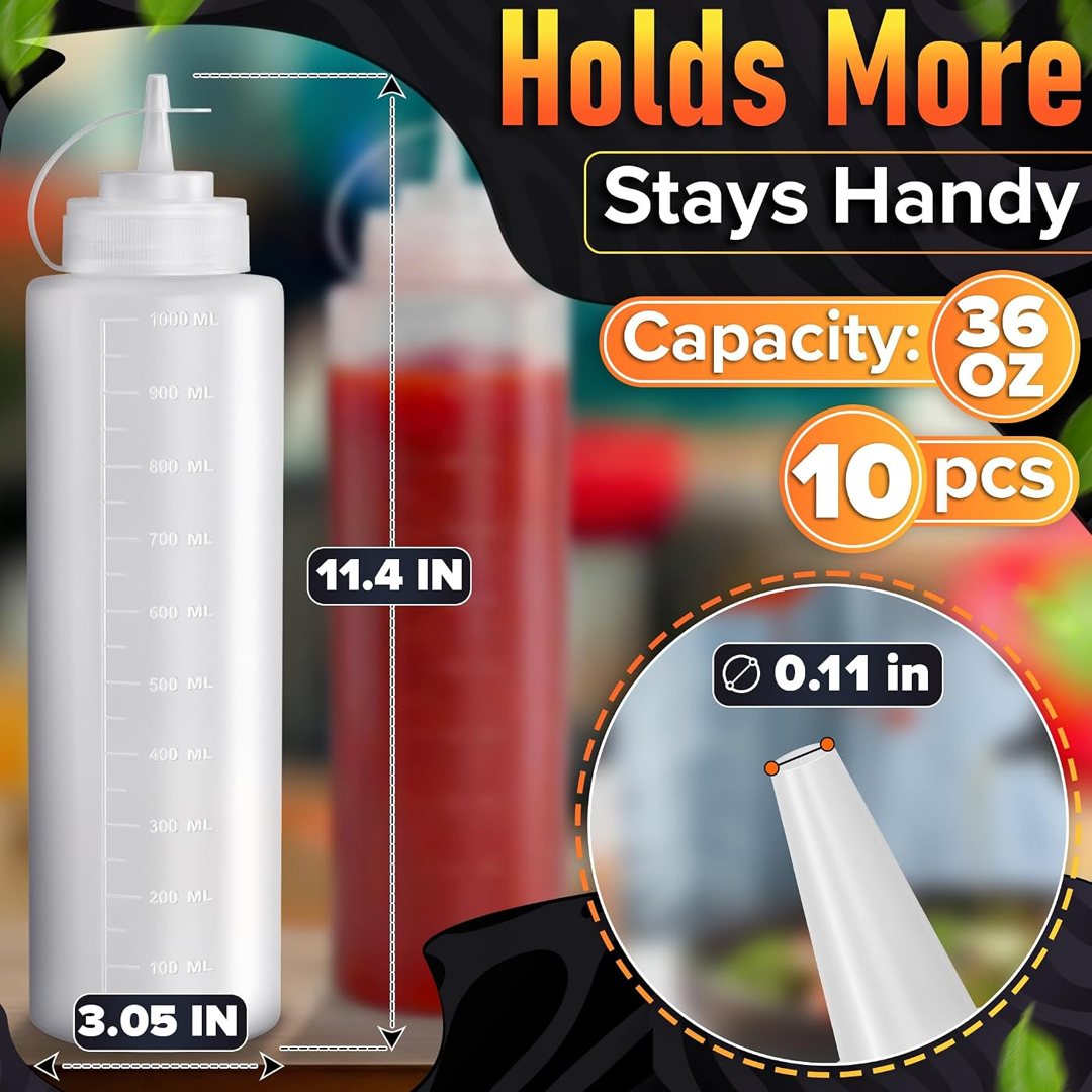 10 Pack 36 oz Plastic Condiment Squeeze Bottles for Sauces and Syrup, view 3