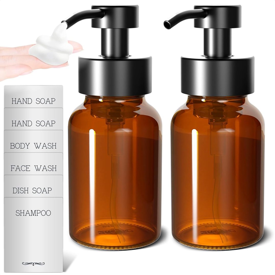 2 Pcs Amber Glass Foaming Soap Dispenser with Pump, 8.5 oz Bottles, view 2