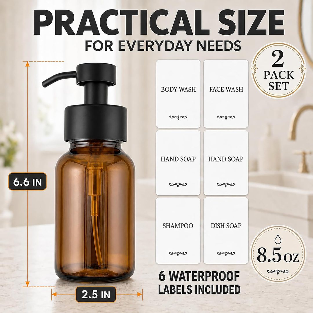 2 Pcs Amber Glass Foaming Soap Dispenser with Pump, 8.5 oz Bottles, view 3