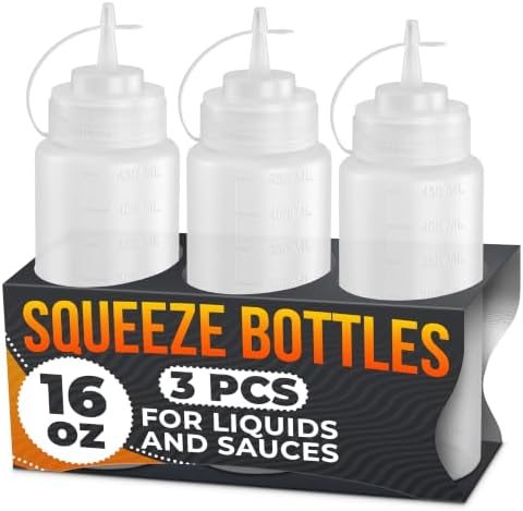 3 Pack 16 oz Condiment Squeeze Bottles for Sauces, Squirt Bottle for Oil