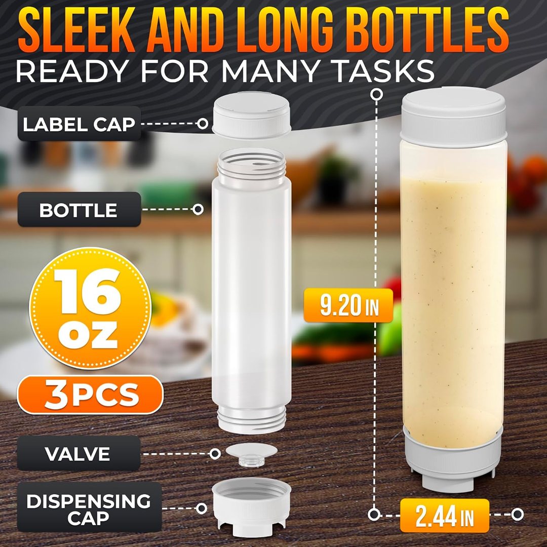 3 Pack 16 oz Inverted Condiment Squeeze Bottles for Sauces, Squirt Bot, view 3