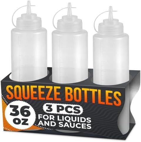 3-Pack 36 oz Large Condiment Squeeze Bottles for Sauces, Squirt Bottle
