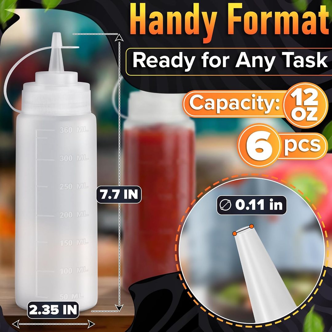 6-Pack 12 oz Condiment Squeeze Bottles for Sauces, Squirt Bottles for , view 3