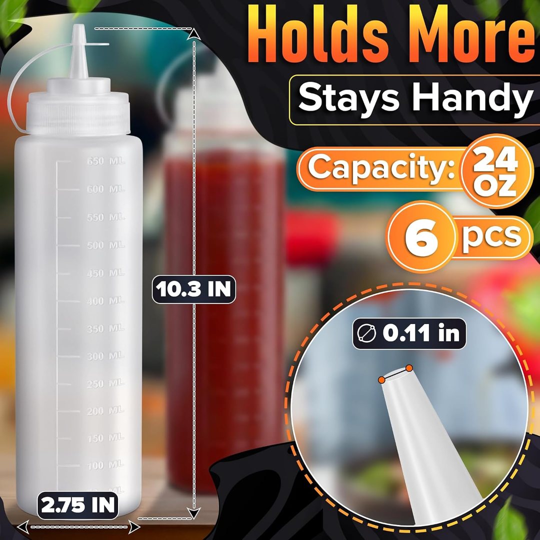 6-Pack 24 oz Plastic Condiment Squeeze Bottles for Sauces, Squirt Bott, view 3