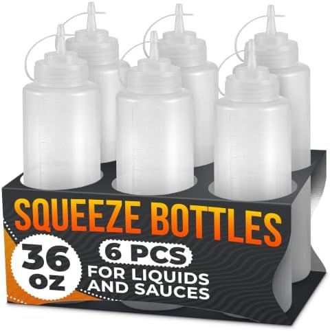 6 Pack 36 oz Plastic Condiment Squeeze Bottles for Sauces, Syrup Bottles