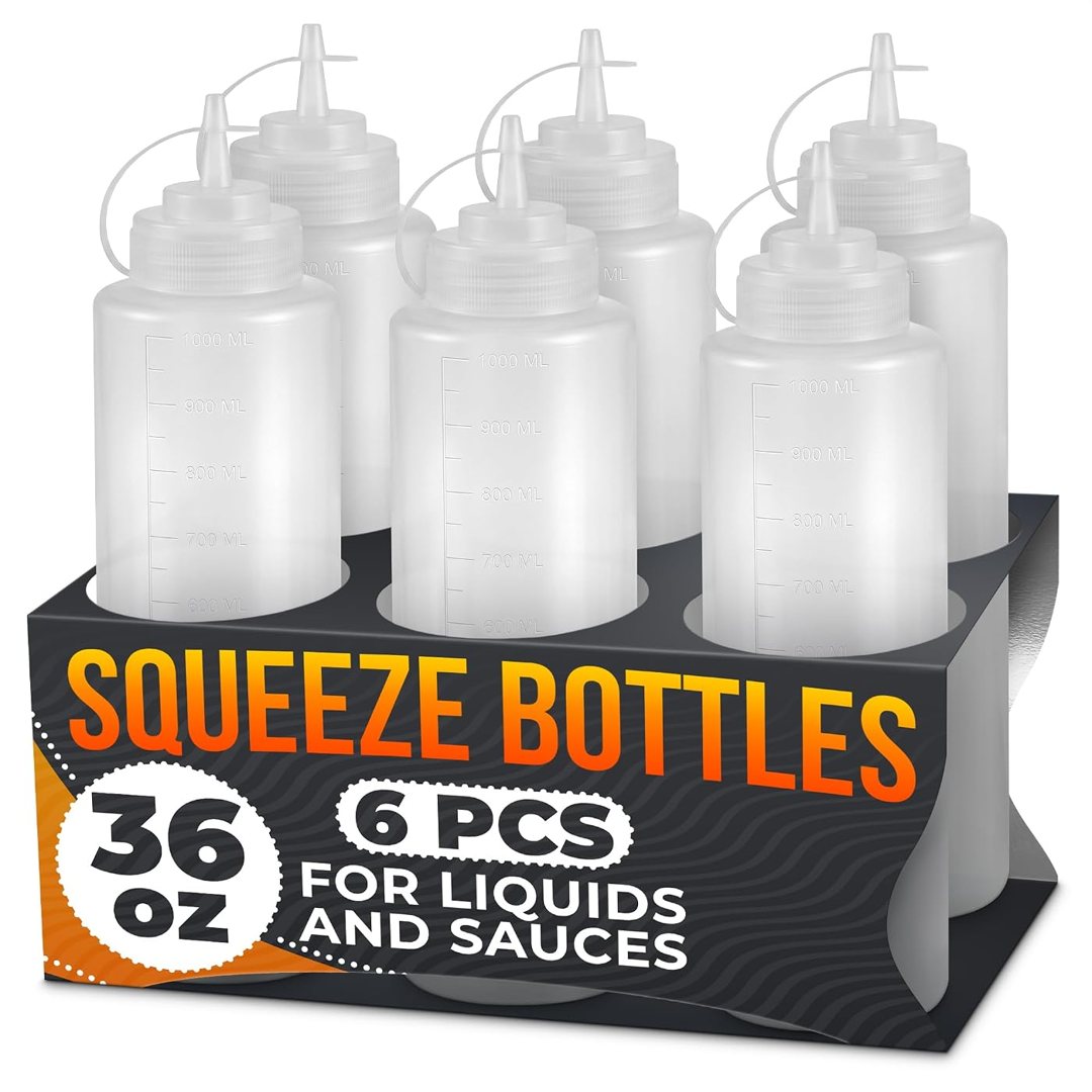 6 Pack 36 oz Plastic Condiment Squeeze Bottles for Sauces, Syrup Bottl, view 2