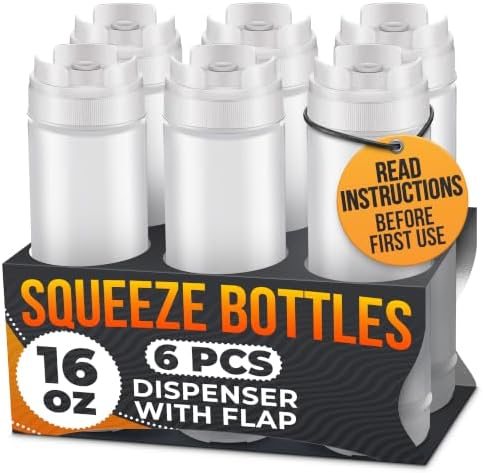 6-Pack Inverted Condiment Squeeze Bottles for Sauces 16 oz, Squirt Bottles
