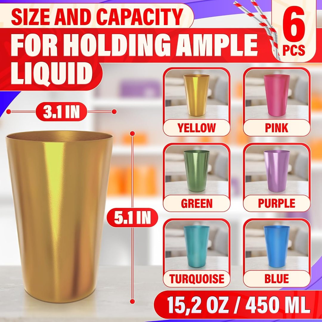 Aluminum Cups 15 oz Set of 6, Retro Metal Cups for Drinking, Metal Tum, view 3
