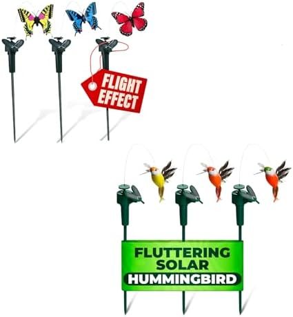 Garden Decor Stakes Set of 6 – 3 Fluttering Hummingbird & 3 Colorful Flying Butterflies Decorations, Colorful