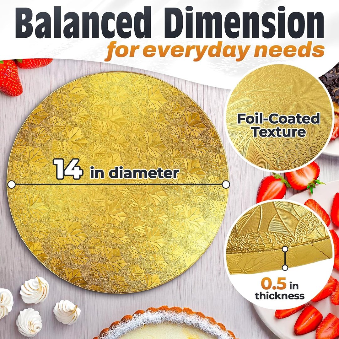 Gold Cake Board 14 Inch, Round Cake Drum, 1/2 Inch Thick Cardboard, view 3
