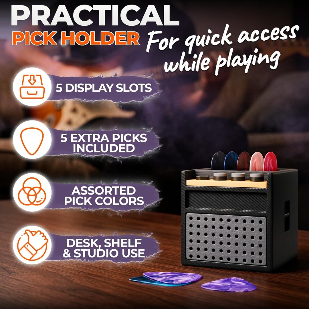 Guitar Pick Holder Box for 5 Picks, Mini Amp Display, Black 2 in, view 5