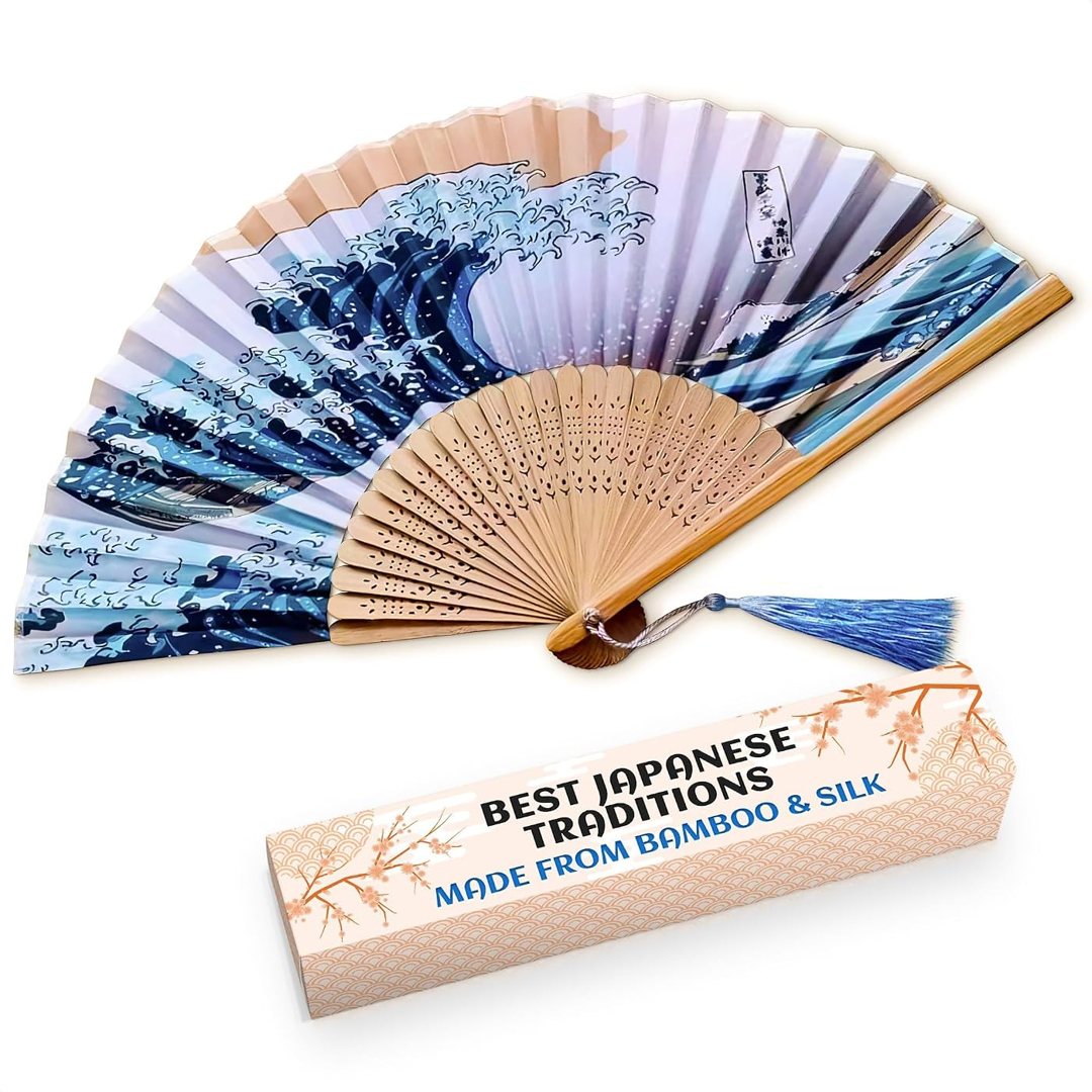 Japanese Fan for Women, 14.5x8.2 In Silk Bamboo Hand Fan Foldable, view 2