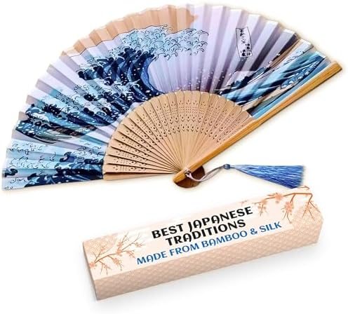 Japanese Fan for Women, 14.5x8.2 In Silk Bamboo Hand Fan Foldable