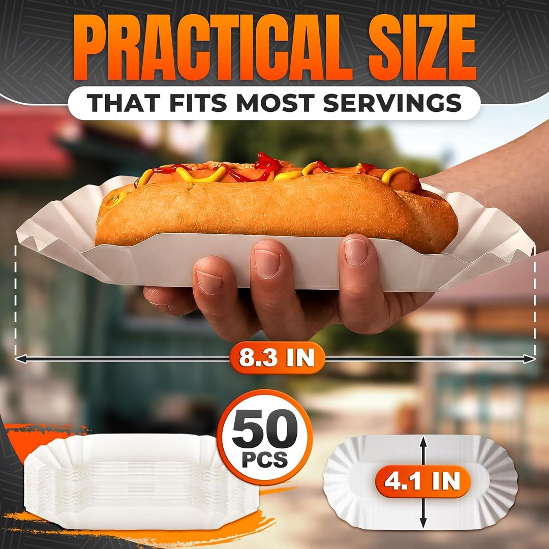 Paper Hot Dog Trays Disposable 50 Pcs, 8 Inch Hot Dog Boats, Hotdog Ho, view 3