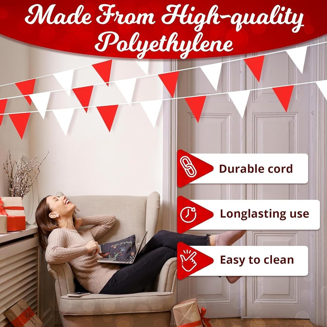 Pennant Banner Flags 100 Feet, Red and White Triangle Party String, view 5