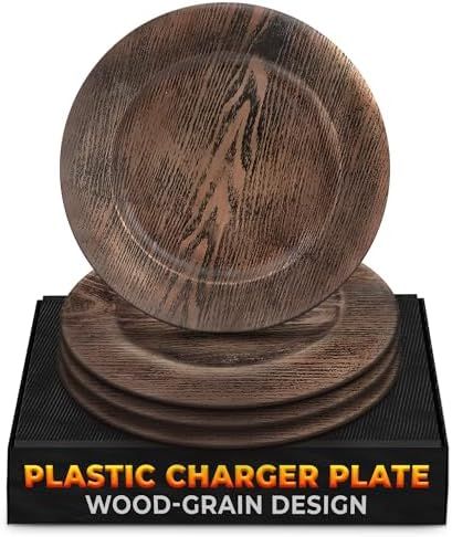 Plastic Charger Plates Set of 4, 13 In Large Faux Wood Style Round Brown