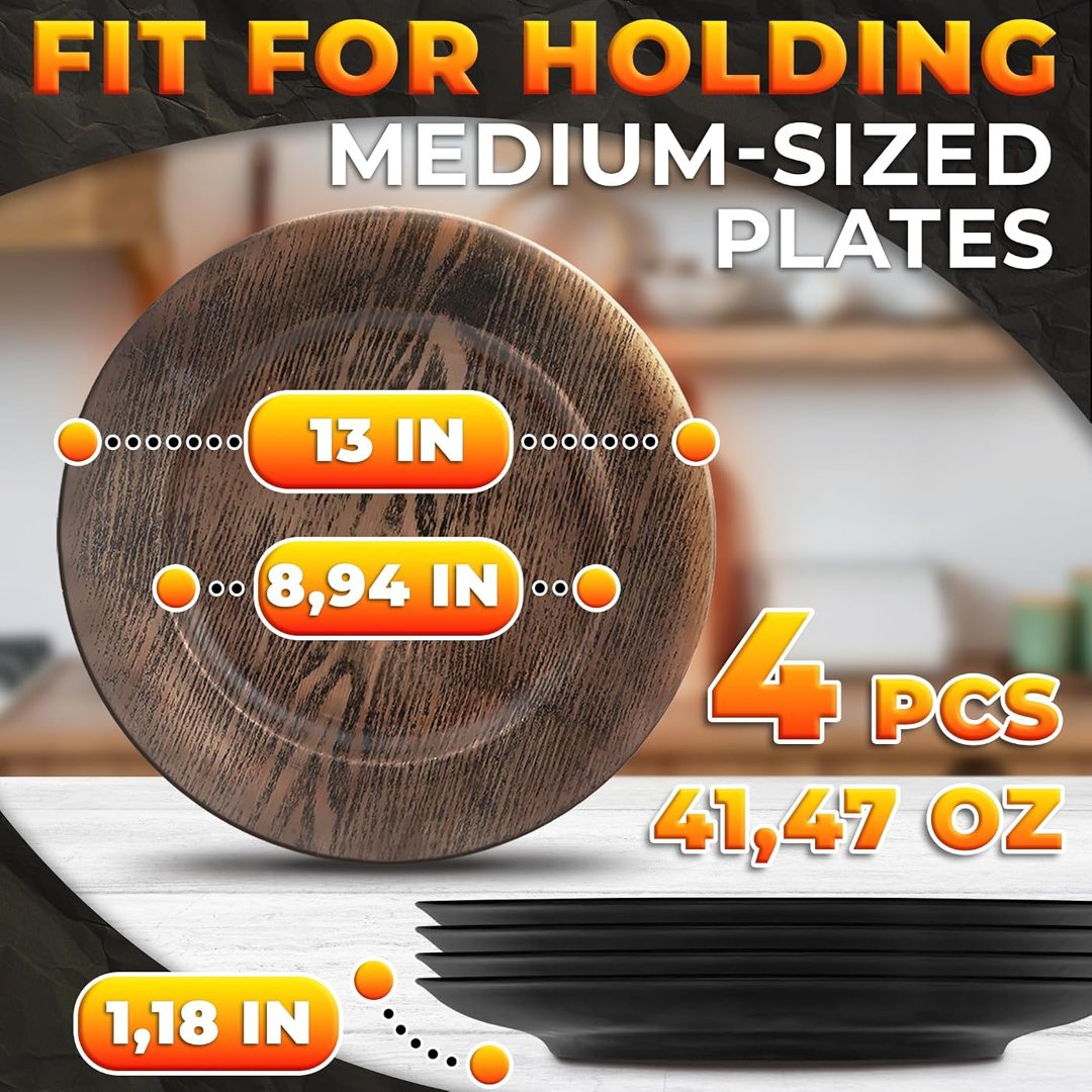 Plastic Charger Plates Set of 4, 13 In Large Faux Wood Style Round Bro, view 3