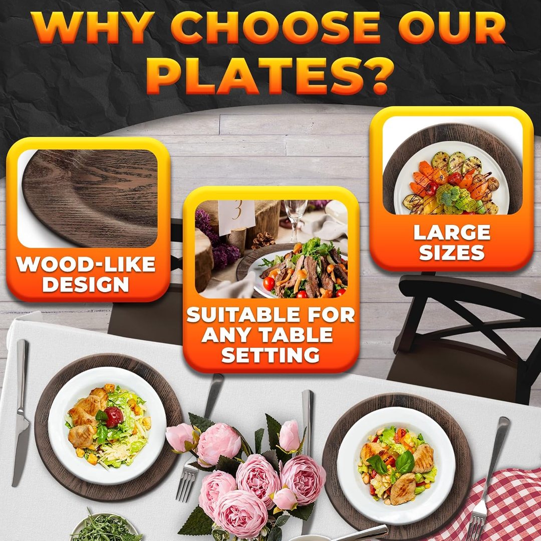 Plastic Charger Plates Set of 4, 13 In Large Faux Wood Style Round Bro, view 5