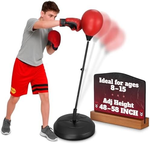Punching Bag with Stand, Red Boxing Bag 48 to 58 In, Gloves, Pump