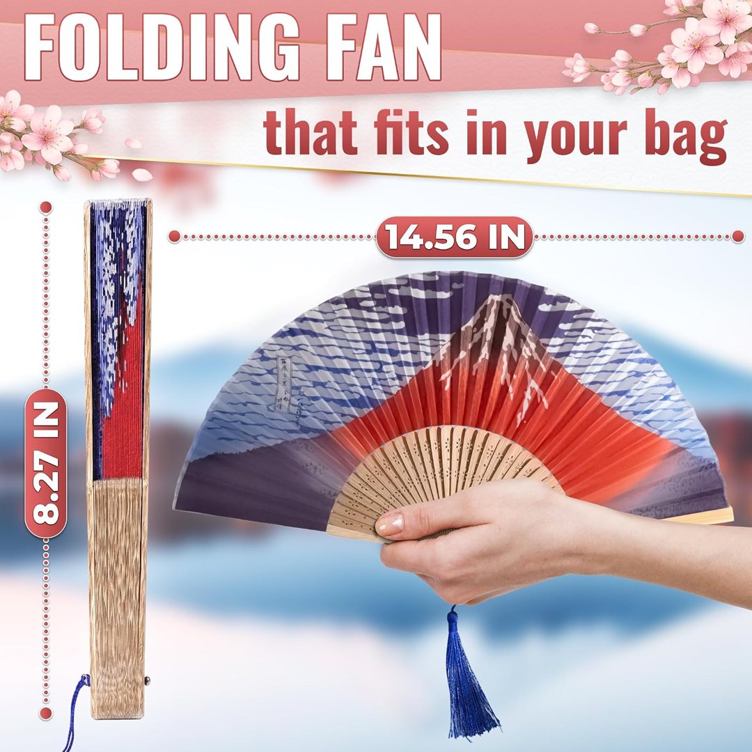 Silk Japanese Folding Fan with Mount Fuji, Bamboo Foldable Hand Fan, view 3