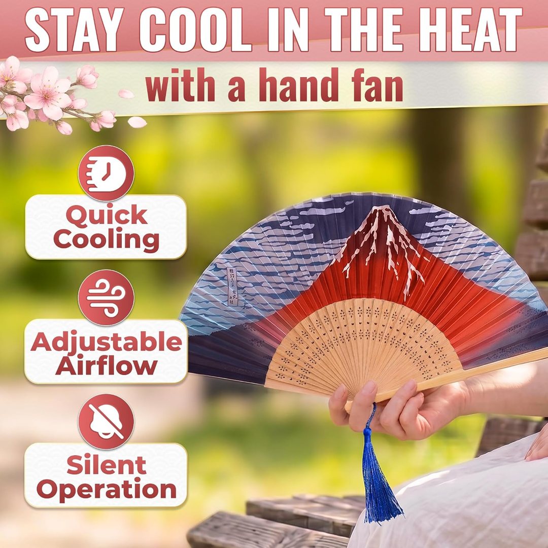 Silk Japanese Folding Fan with Mount Fuji, Bamboo Foldable Hand Fan, view 5