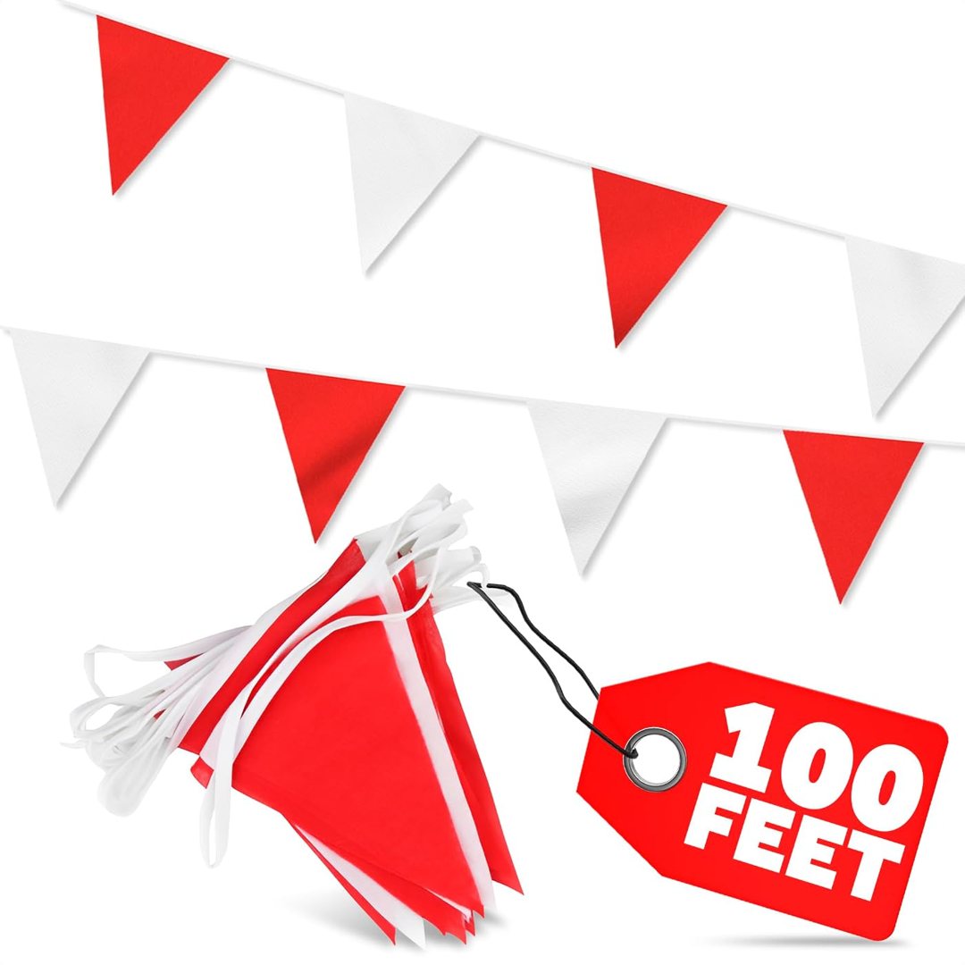 Triangle Pennant Banner Flags - 100 Ft Red and White Banner Flags on S, view 2