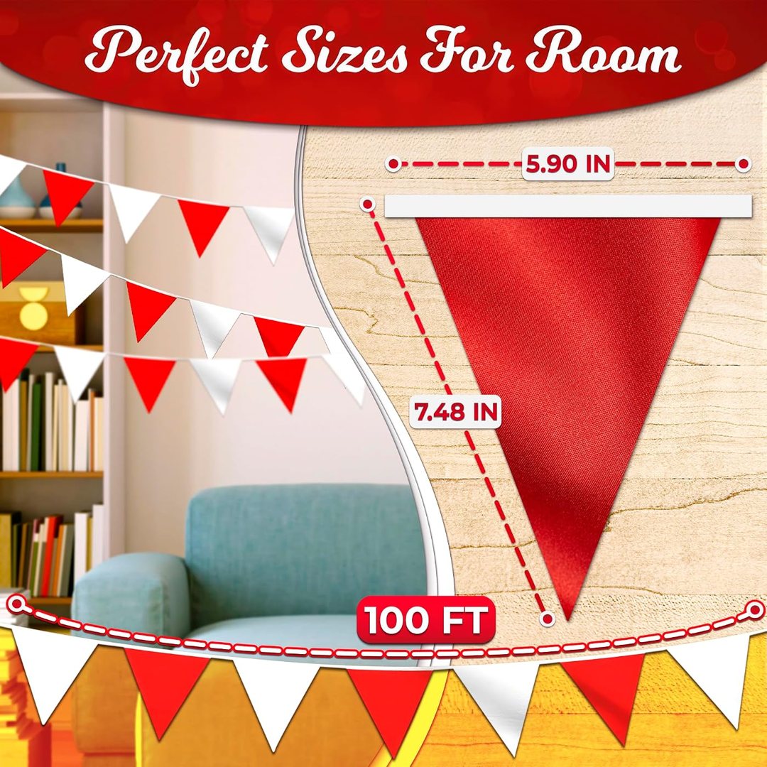 Triangle Pennant Banner Flags - 100 Ft Red and White Banner Flags on S, view 3
