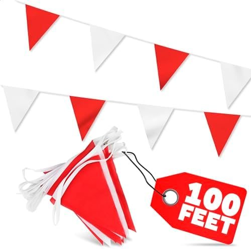 Triangle Pennant Banner Flags - 100 Ft Red and White Banner Flags on String, Durable and Easy to Clean, Bright