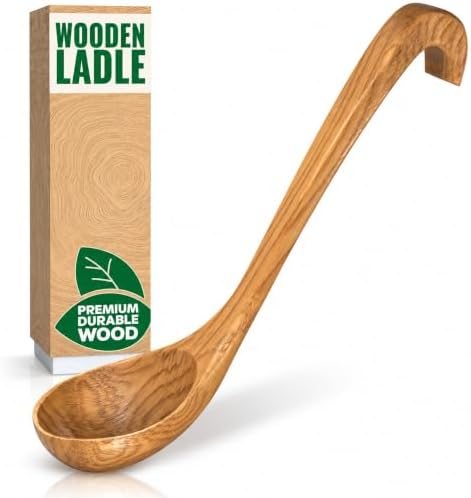 Wooden Soup Ladle 10.8 x 2.8 Inch, Long Handle Spoon with Hook End
